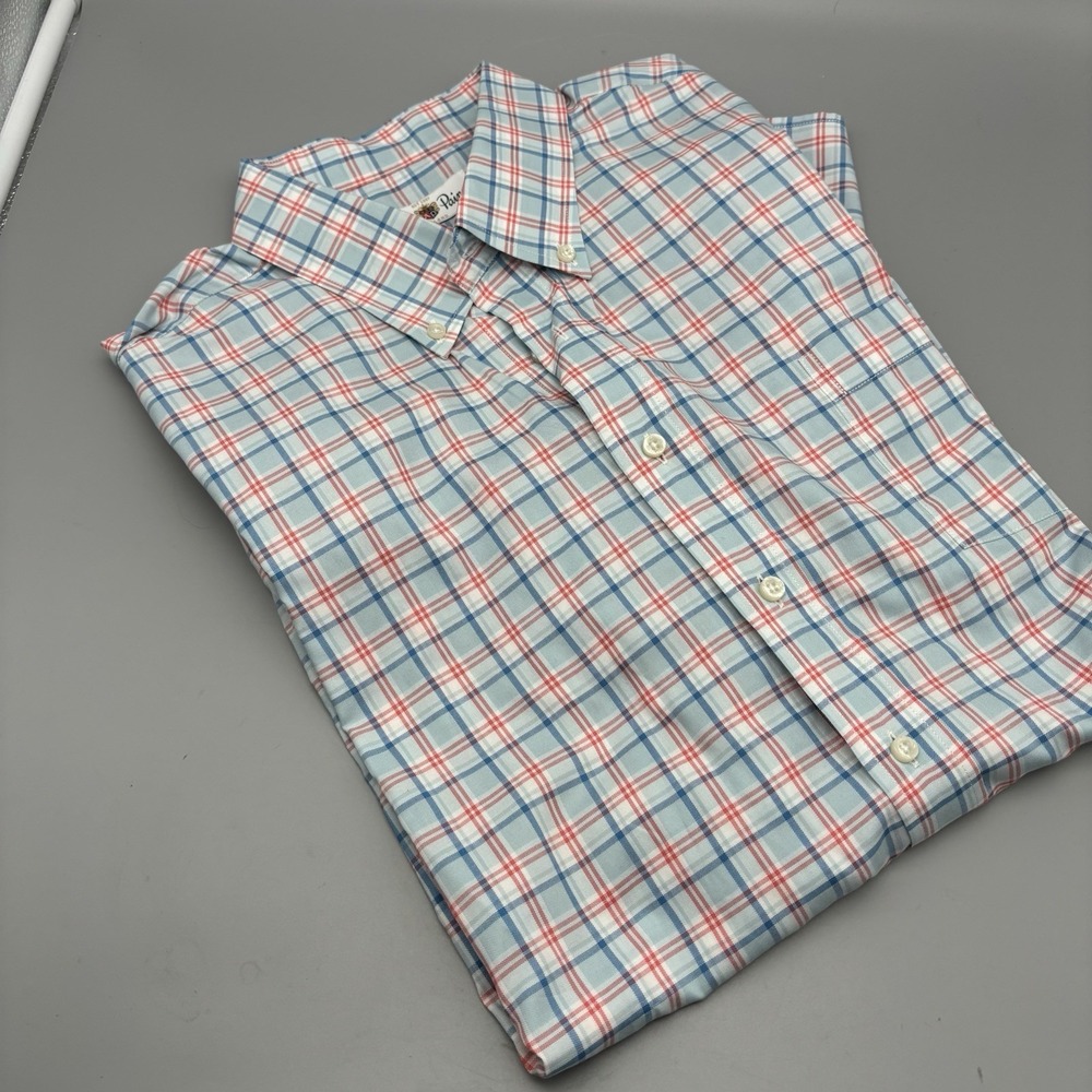 Alan Paine England Men XLarge Blue & Coral Stripe Button Dress Shirt Office Prep